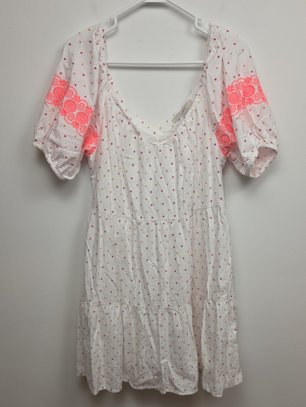 LOFT White Floral Embroidered Polka Dot Tiered Swing Dress Boho Coquette Medium